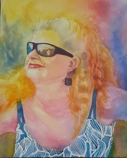 Painting of a woman wearing sunglasses